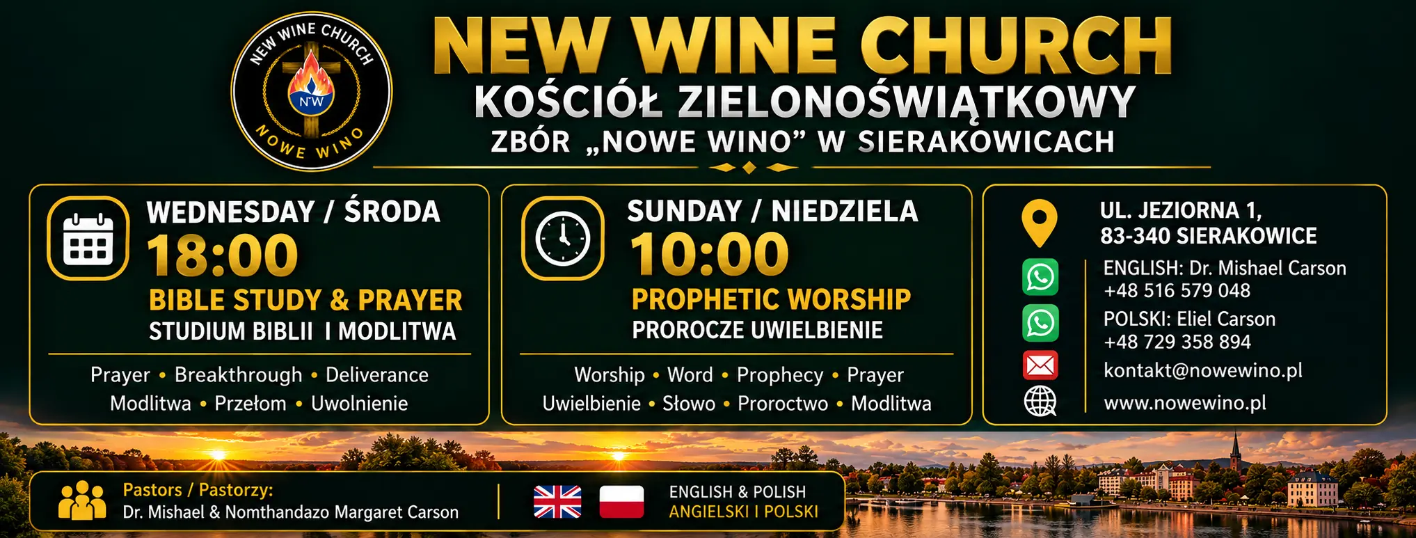 New Wine Church bilingual banner with weekly service times and Sierakowice address